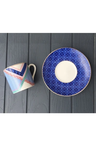 Pinkev 6 Kişilik Porselen Altın Yaldızlı Mavi Renk Desenli Kahve Fincanı Fincan Takımı Seti - Resim 4