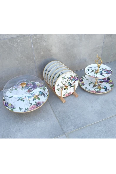 Pinkev 8 Parça Kuş Desenli Seramik Pasta Sunum Tabağı Seti - Resim 3