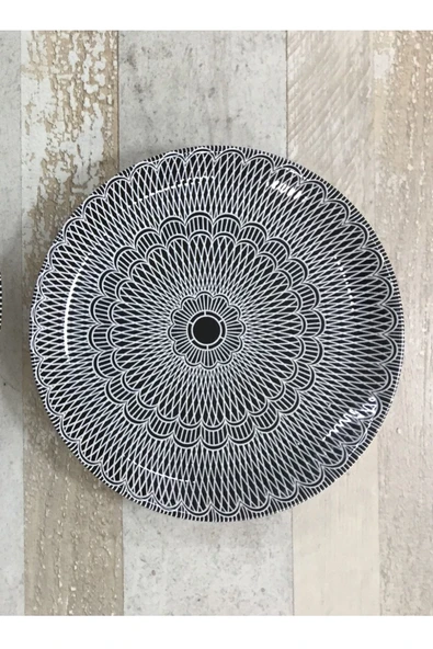 Pinkev 6 Kişilik Siyah Dantel Desenli Seramik Pasta Tatlı Tabağı Seti - 20cm - Resim 2