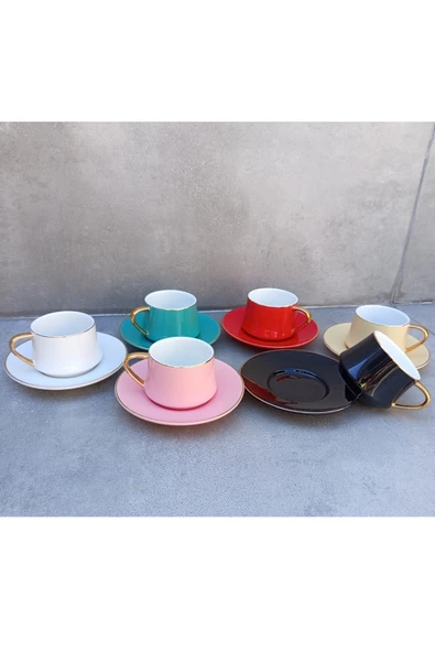Pinkev 6 Kişilik Parlak 6 Renkli 110ml Büyük Boy Porselen Kahve Fincanı Takımı - Resim 4