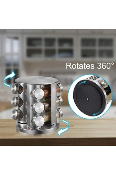 Pinkev 12li Dönen Metal Stantlı Cam Baharatlık Seti - Resim 2