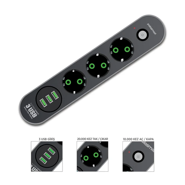 Polosmart MP19 Uzatma Kablosu 3 Prizli 3 USB'li 2 Metre Kısa Devre Korumalı Siyah - Resim 4