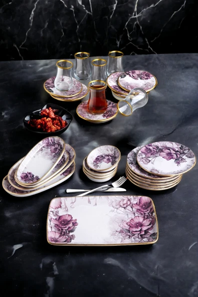 Pinkev 27 Parça 6 Kişilik Çay Bardaklı Seramik Kahvaltı Pasta Sunum Tabağı Takımı Seti - Purple - Resim 4