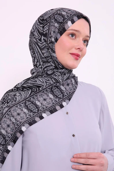 Siyah-Bej Etnik Desen Love Şal - Resim 2