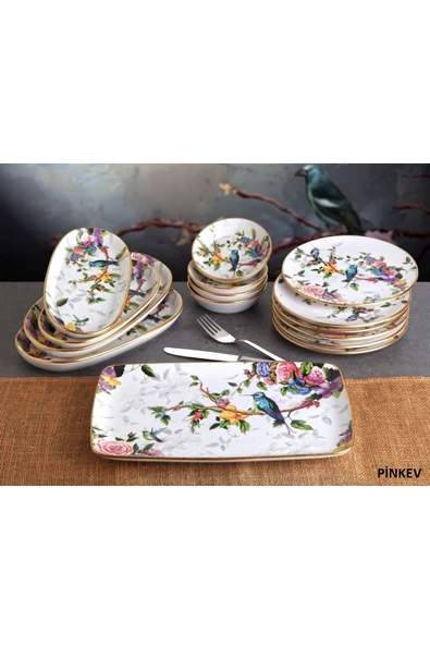 Pinkev Flora 27 Parça 6 Kişilik Seramik Kahvaltı Pasta Tabağı Sunum Takımı Seti - Kup115f - Resim 3