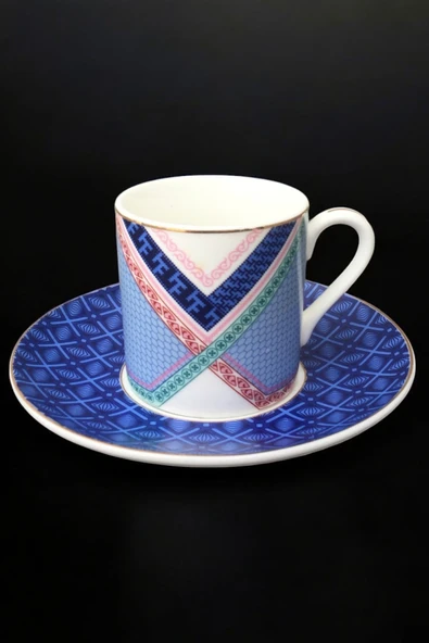 Pinkev 6 Kişilik Porselen Altın Yaldızlı Mavi Renk Desenli Kahve Fincanı Fincan Takımı Seti ürün görseli