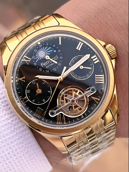 Ferrucci Otomatik Mehtap Ve Güneş Kadranlı Bileklik Hediyeli 3 Atm Erkek Kol Saat FF.G3606.3 - Resim 2