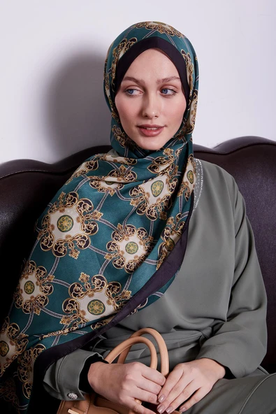 Petrol Mavi Barok Desen Hint İpeği Şal - Resim 2