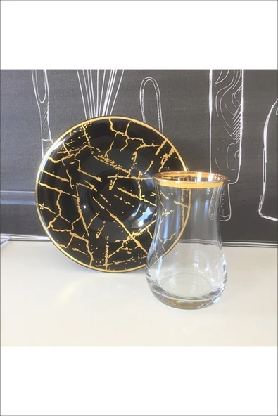 Pinkev 6 Kişilik Seramik Tabaklı Çay Bardağı Seti ürün görseli