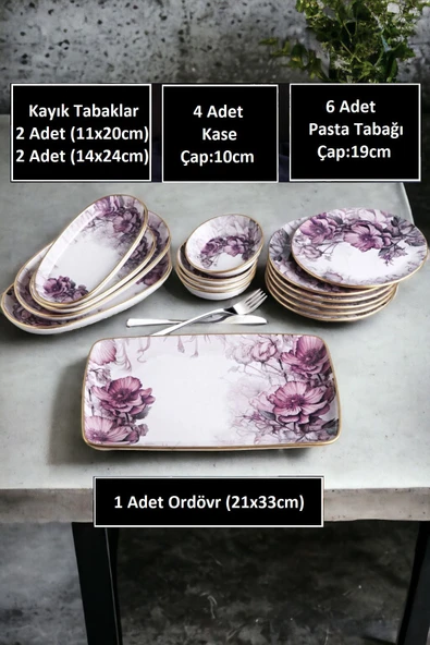 Pinkev Petunia 15 Parça Seramik Kahvaltı Pasta Sunum Tabağı Takımı Seti - Resim 2