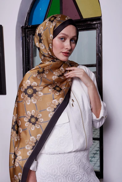 Karamel Barok Desen Hint İpeği Şal - Resim 2