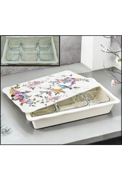 Pinkev Flora Melamin Kapaklı Tepsili 6lı Cam Kahvaltılık ürün görseli