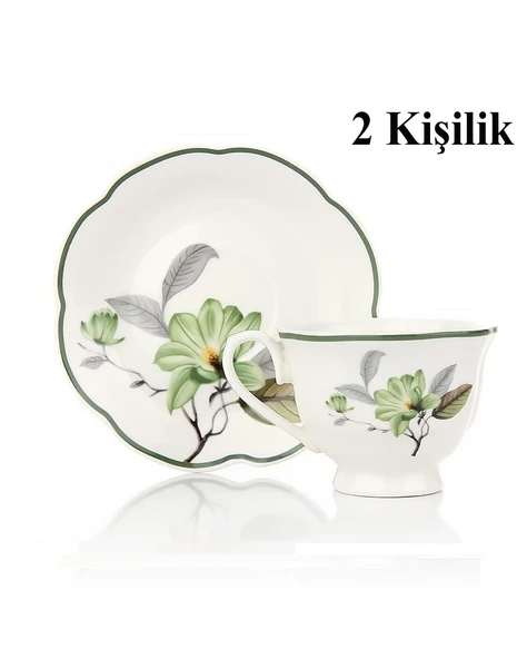 Türk Kahvesi Takımı 2 Kişilik Porselen – Yeşil Çiçek Desenli | 90 ml - Resim 4