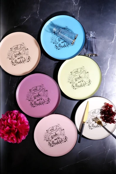 Pinkev 6 Kişilik Seramik 22cm Çok Renkli Pasta Tabağı Takımı Seti - Nordıç ürün görseli