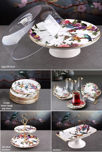 Pinkev Flora 22 Parça Çay Bardaklı Pasta Sunum Tabağı Seti ürün görseli