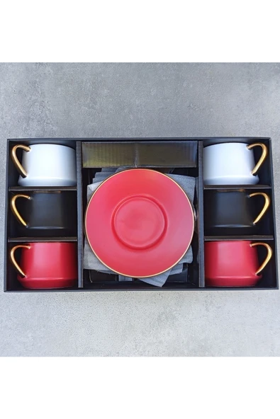 Pinkev 6 Kişilik Mat 3 Renkli 110ml Büyük Boy Porselen Kahve Fincanı Takımı - Resim 4
