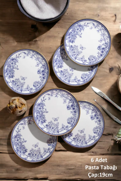 Pinkev 21 Parça 12 Kişilik Seramik Pasta Kahvaltı Sunum Tabağı Takımı - Mavi - Resim 3