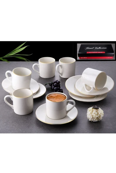 Pinkev 6 Kişilik Altın Yaldızlı Porselen Kahve Fincan Takımı - Beyaz ürün görseli