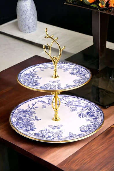 Pinkev Mavi Çiçekli Seramik Çift Katlı Kurabiyelik Pasta Sunum Tabağı Standı - Resim 2