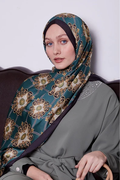 Petrol Mavi Barok Desen Hint İpeği Şal - Resim 3