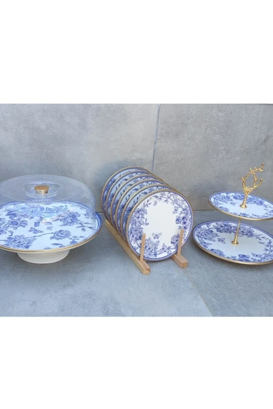 Pinkev 6 Kişilik Kek Fanuslu Pasta Tabağı Katlı Kurabiyelik Seti - Resim 3