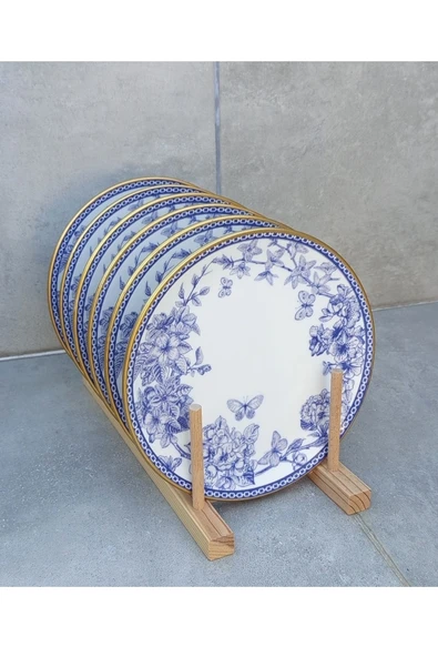 Pinkev 8 Parça Mavi Çiçekli Seramik Pasta Sunum Tabağı Seti - Resim 3