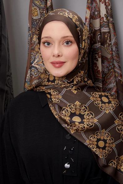 Kahve Barok Desen Hint İpeği Şal - Resim 3