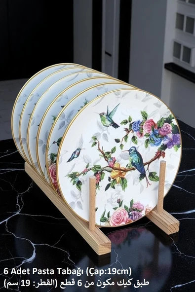 Pinkev 6 Kişilik Seramik Pasta Tatlı Tabağı Seti - Kuşlu Desen ürün görseli