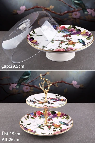Pinkev Flora 2li Fanuslu Seramik Katlı Kurabiyelik Pasta Sunum Tabağı Seti - Kup123f ürün görseli