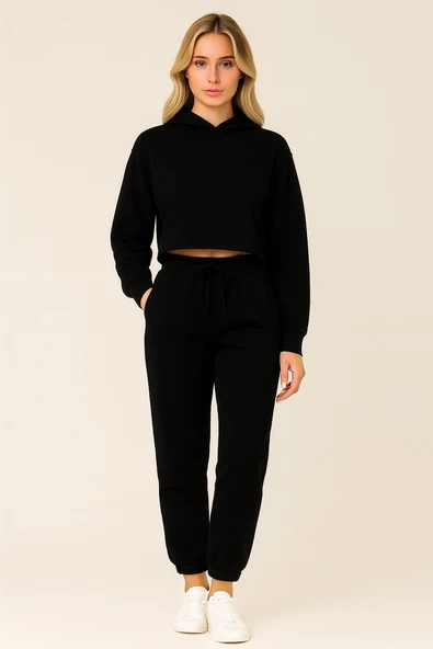 Kadın Paça Lastik Üç İp Şardonlu Lopez Eşofman Altı Siyah - Resim 2