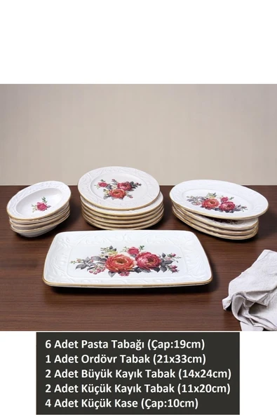 Pinkev 15 Parça Seramik Pasta Kahvaltı Sunum Tabağı Takımı - Nar Çiçeği - Resim 2