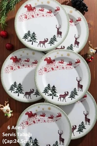 Pinkev 6 Kişilik Porselen 24,5cm Yılbaşı Desenli Servis Sunum Tabağı Tabak Seti ürün görseli
