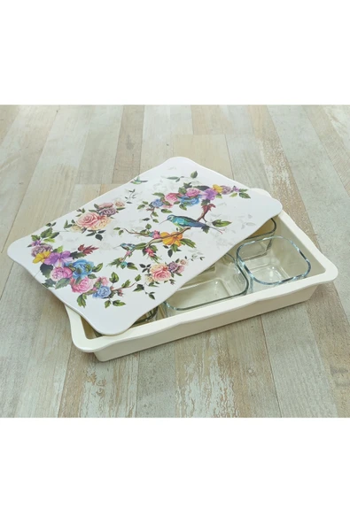 Pinkev Melamin Tepsili 6'lı Cam Kahvaltılık Kase Seti - Kuş Desenli - Resim 5