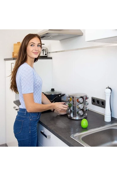 Pinkev 12li Dönen Metal Stantlı Cam Baharatlık Seti - Resim 5