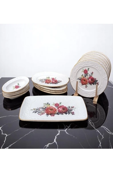 Pinkev 15 Parça 6 Kişilik Seramik Kahvaltı Pasta Sunum Tabağı Takımı - Kırmızı Çiçekli - Resim 2