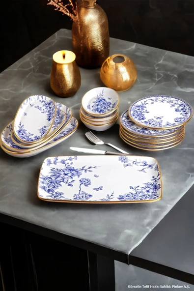 Pinkev Butterfly 15 Parça 6 Kişilik Seramik Kahvaltı Pasta Sunum Tabağı Takımı Seti - Resim 3
