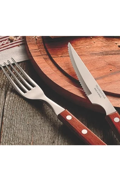 Pinkev Tramontina 6 Kişilik Polywood Saplı Steak Et Çatal Bıçak Seti - Resim 4