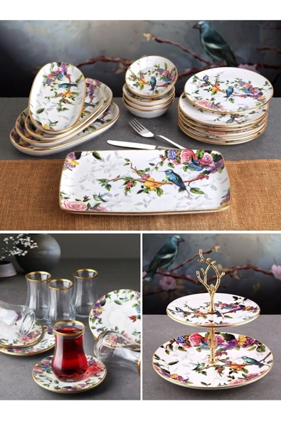 Pinkev Flora 28 Parça 6 Kişilik Seramik Pasta Kahvaltı Katlı Kurabiyelik Sunum Tabağı Tabak Takımı Seti ürün görseli