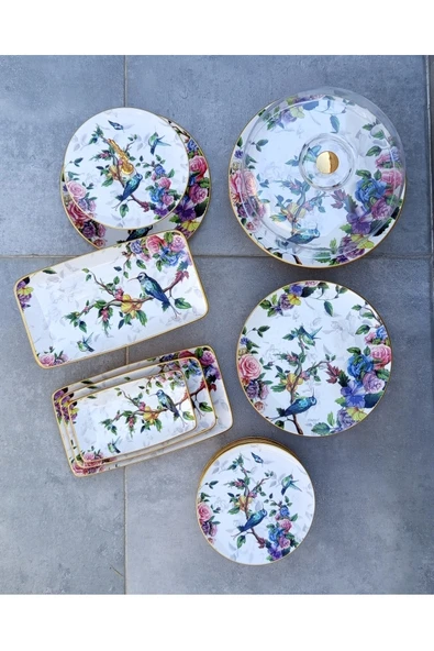 Pinkev 19 Parça 6 Kişilik Kuş Desenli Seramik Pasta Servis Sunum Tabağı Seti - Resim 4