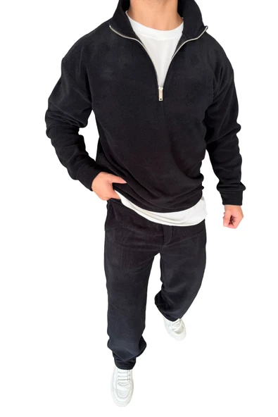 Oversize Fermuarlı Dik Yaka Baggy Pantolonlu Polar Takım - Resim 3