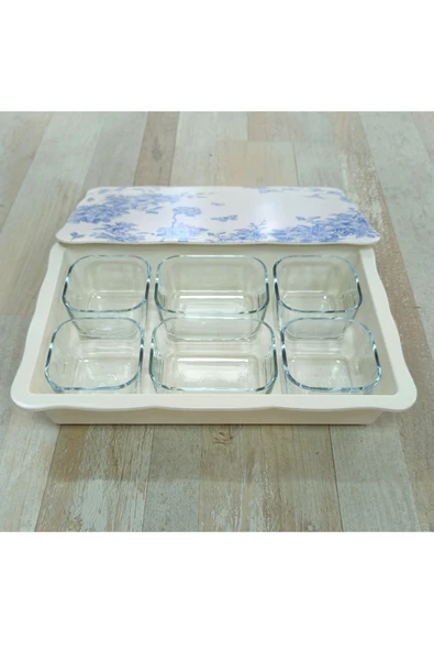 Pinkev Melamin Tepsili 6'lı Cam Kahvaltılık Kase Seti - Mavi Çiçekli - Resim 6