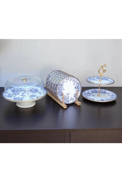 Pinkev 8 Parça Mavi Çiçekli Seramik Pasta Sunum Tabağı Seti ürün görseli
