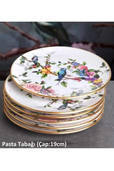 Pinkev Flora 9 Parça Fanuslu Seramik Pasta Sunum Tabağı Tabak Seti - Resim 2