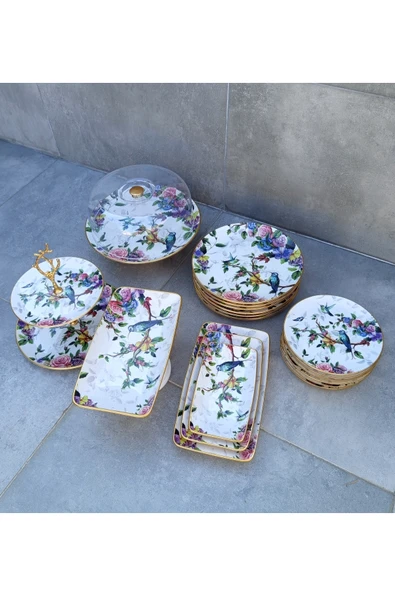 Pinkev 19 Parça 6 Kişilik Kuş Desenli Seramik Pasta Servis Sunum Tabağı Seti - Resim 3