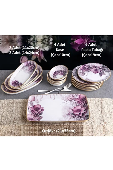 Pinkev 27 Parça 6 Kişilik Çay Bardaklı Seramik Kahvaltı Pasta Sunum Tabağı Takımı Seti - Purple - Resim 2