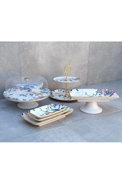 Pinkev 6 Parça Kuş Desen Seramik Pasta Sunum Tabağı Seti ürün görseli