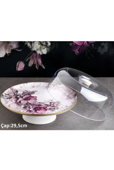 Pinkev Petunia 7 Parça Fanuslu Seramik Pasta Sunum Tabağı Seti - KUP120P - Resim 3