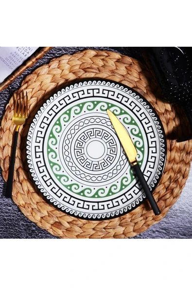 Pinkev 6lı Yeşil Siyah Desenli Seramik Servis Sunum Tabağı Seti - 26cm ürün görseli