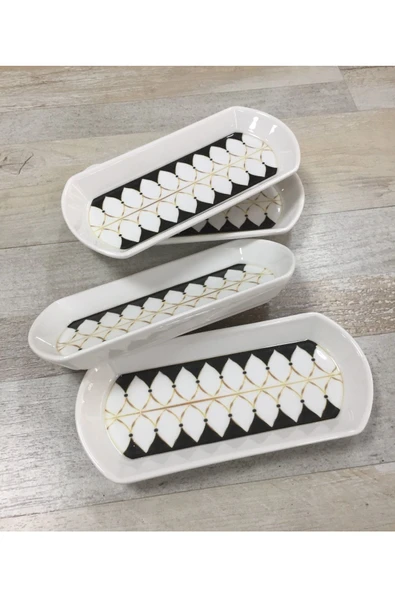 Pinkev Black Drops 4 Adet 20cm Küçük Boy Seramik Oval Kahvaltı Peynir Kayık Servis Sunum Tabağı Takımı Seti - Resim 2