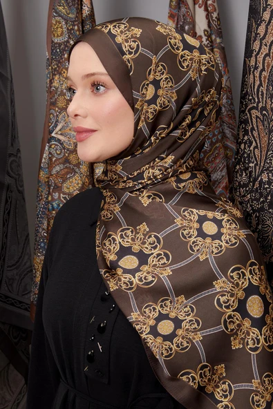 Kahve Barok Desen Hint İpeği Şal - Resim 2
